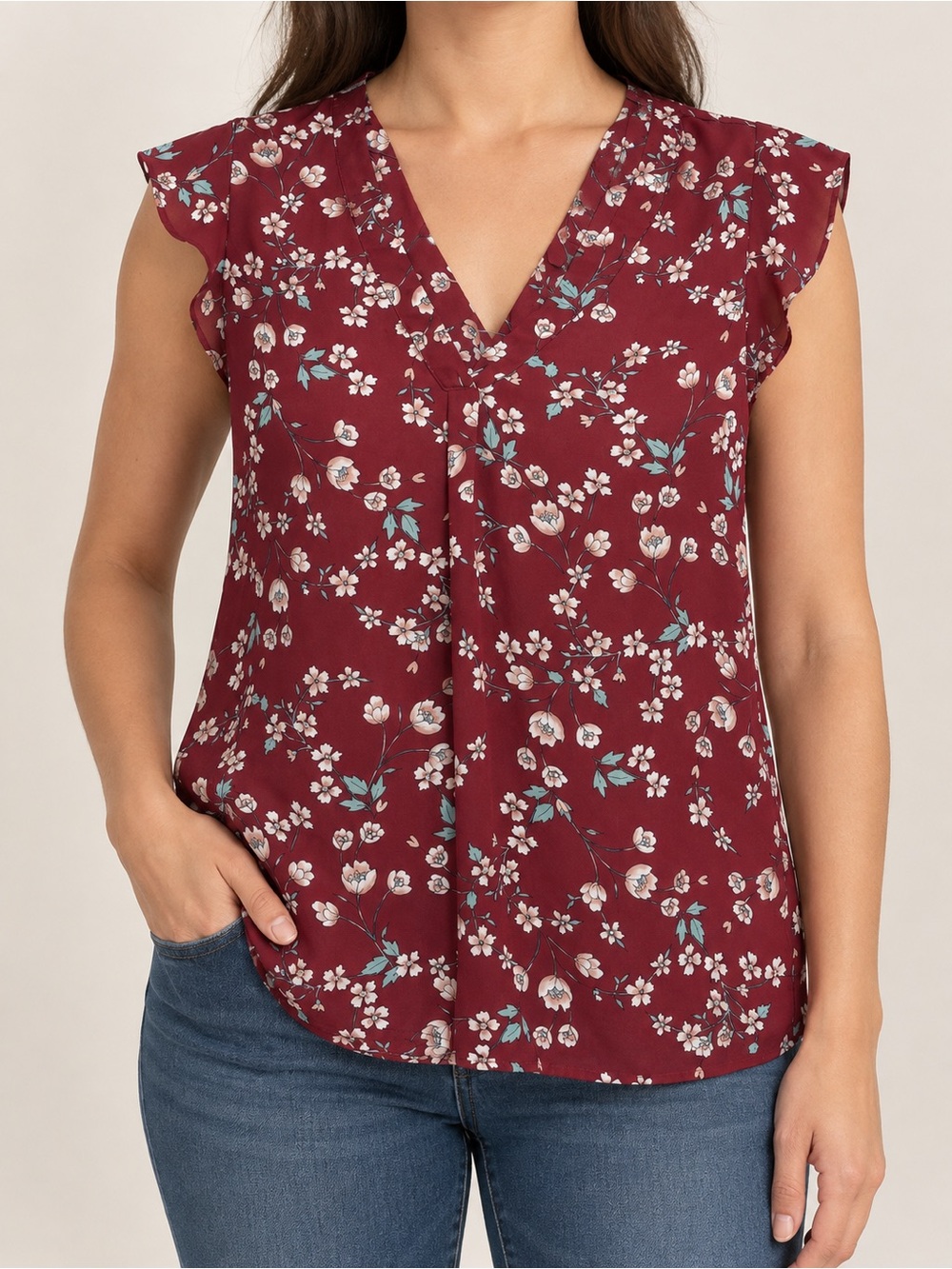 LOFT Outlet XS Burgundy Floral Flutter Sleeve V-Neck Blouse